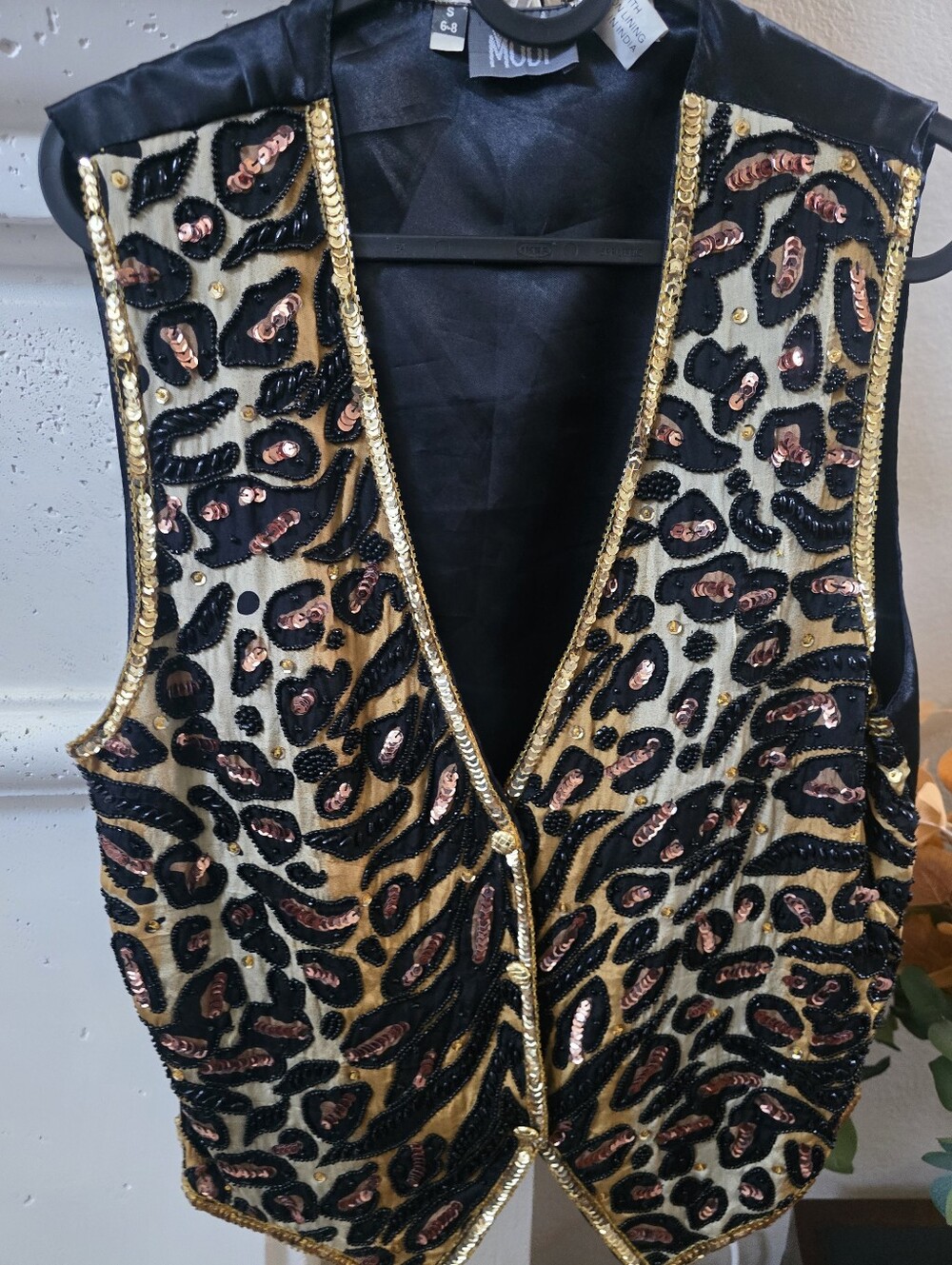 Vintage Modi Women’s Gold Sequin Leopard Vest with Black Trim